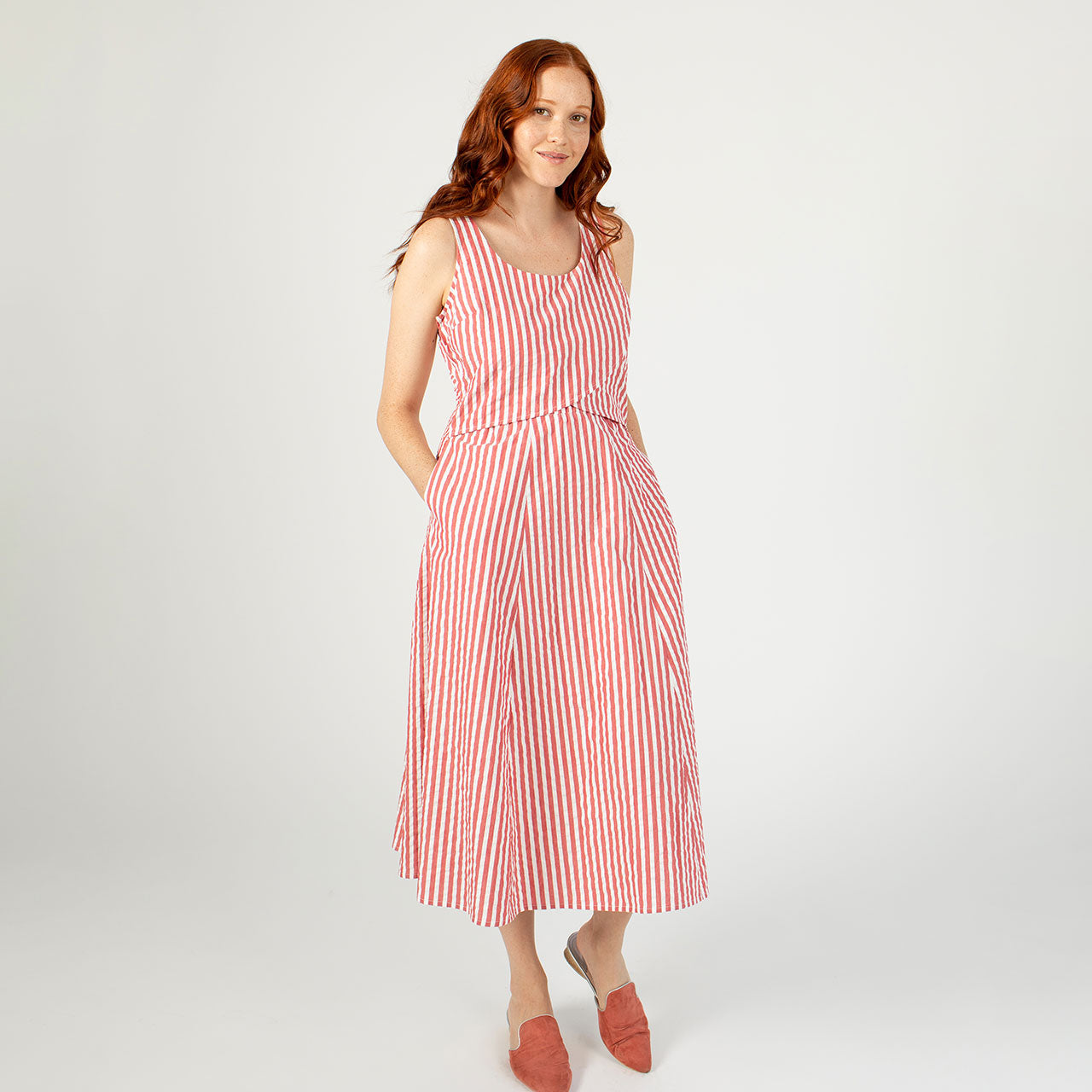 Crossover Dress in Red Seersucker