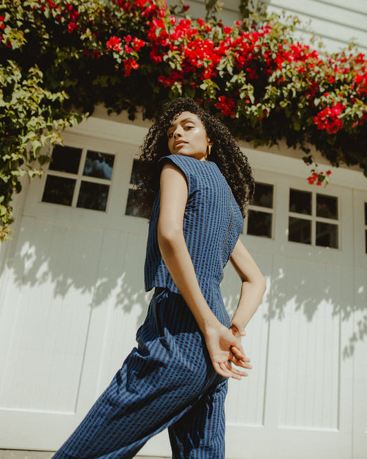 Crossover Jumpsuit in Blue Stripe